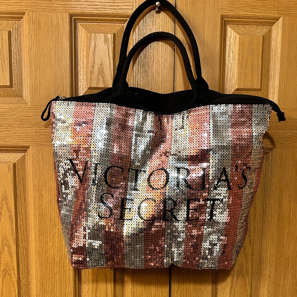 Victoria's Secret Silver Pink Sequin Bling 2015 Black Friday Tote Travel Bag